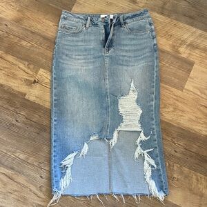 Light Blue Distressed Denim Pencil Skirt